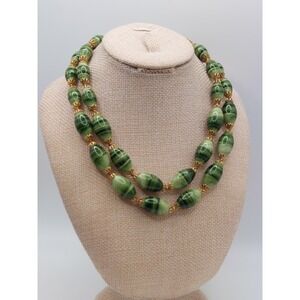 1970s Trifari Necklace Choker Green Striped Beaded Double Strand Gold Vintage